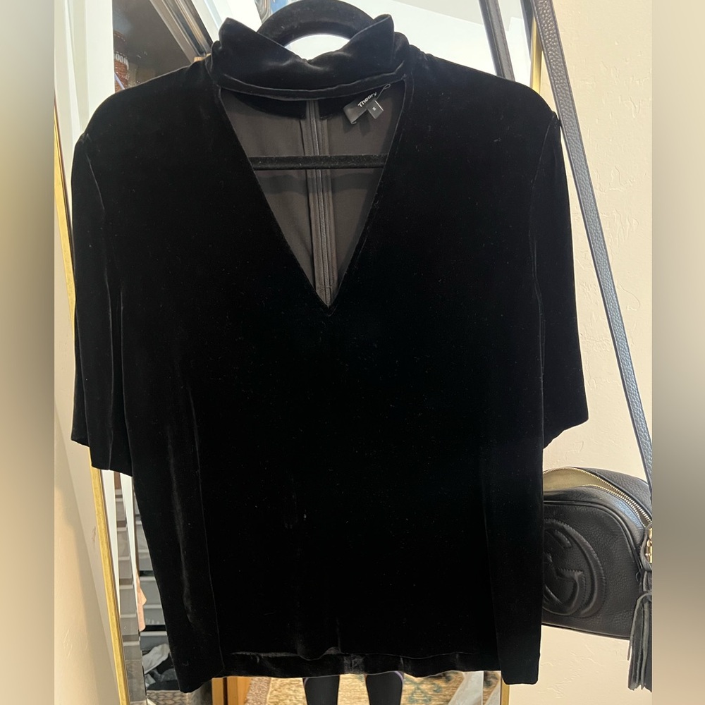 Theory Black Velvet Split Collar V-neck Top